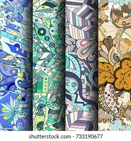 Set of tracery colorful seamless patterns. Vertical stripes. Curved doodling backgrounds for textile or printing with mehndi and ethnic motives. Vector