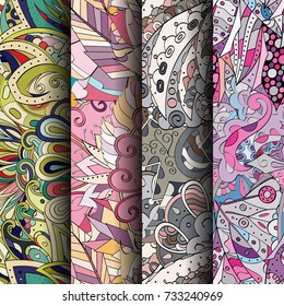Set of tracery colorful seamless patterns. Vertical stripes. Curved doodling backgrounds for textile or printing with mehndi and ethnic motives. Vector