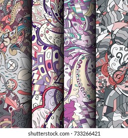 Set of tracery colorful seamless patterns. Vertical stripes. Curved doodling backgrounds for textile or printing with mehndi and ethnic motives. Vector