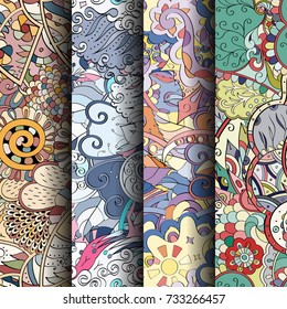 Set of tracery colorful seamless patterns. Vertical stripes. Curved doodling backgrounds for textile or printing with mehndi and ethnic motives. Vector