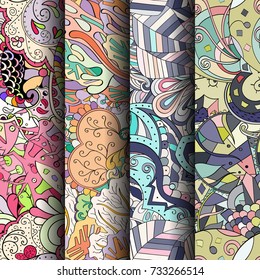 Set of tracery colorful seamless patterns. Vertical stripes. Curved doodling backgrounds for textile or printing with mehndi and ethnic motives. Vector