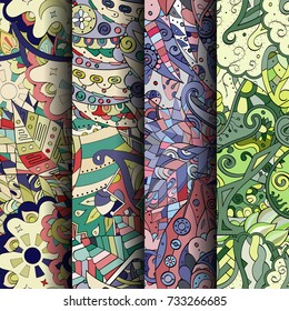 Set of tracery colorful seamless patterns. Vertical stripes. Curved doodling backgrounds for textile or printing with mehndi and ethnic motives. Vector
