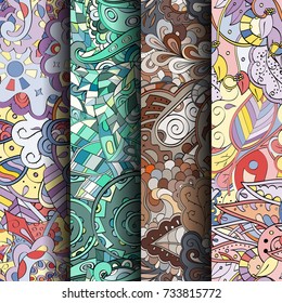 Set of tracery colorful seamless patterns. Vertical stripes. Curved doodling backgrounds for textile or printing with mehndi and ethnic motives. Vector