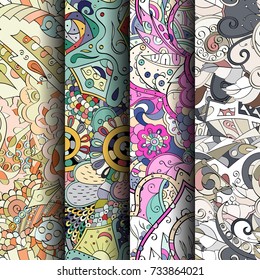 Set of tracery colorful seamless patterns. Vertical stripes. Curved doodling backgrounds for textile or printing with mehndi and ethnic motives. Vector