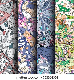 Set of tracery colorful seamless patterns. Vertical stripes. Curved doodling backgrounds for textile or printing with mehndi and ethnic motives. Vector
