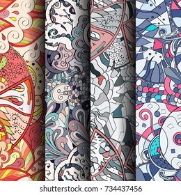 Set of tracery colorful seamless patterns. Vertical stripes. Curved doodling backgrounds for textile or printing with mehndi and ethnic motives. Vector