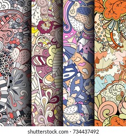 Set of tracery colorful seamless patterns. Vertical stripes. Curved doodling backgrounds for textile or printing with mehndi and ethnic motives. Vector