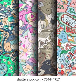 Set of tracery colorful seamless patterns. Vertical stripes. Curved doodling backgrounds for textile or printing with mehndi and ethnic motives. Vector