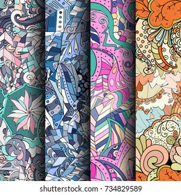 Set of tracery colorful seamless patterns. Vertical stripes. Curved doodling backgrounds for textile or printing with mehndi and ethnic motives. Vector