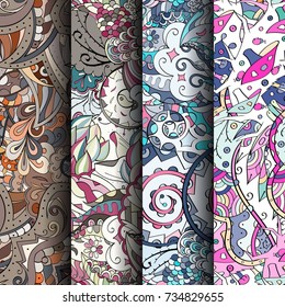 Set of tracery colorful seamless patterns. Vertical stripes. Curved doodling backgrounds for textile or printing with mehndi and ethnic motives. Vector