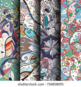 Set of tracery colorful seamless patterns. Vertical stripes. Curved doodling backgrounds for textile or printing with mehndi and ethnic motives. Vector