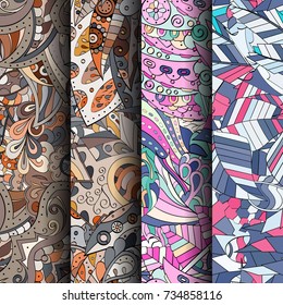 Set of tracery colorful seamless patterns. Vertical stripes. Curved doodling backgrounds for textile or printing with mehndi and ethnic motives. Vector