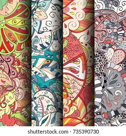 Set of tracery colorful seamless patterns. Vertical stripes. Curved doodling backgrounds for textile or printing with mehndi and ethnic motives. Vector