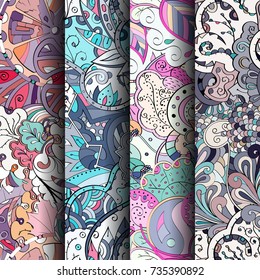 Set of tracery colorful seamless patterns. Vertical stripes. Curved doodling backgrounds for textile or printing with mehndi and ethnic motives. Vector