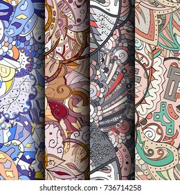 Set of tracery colorful seamless patterns. Vertical stripes. Curved doodling backgrounds for textile or printing with mehndi and ethnic motives. Vector