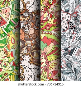Set of tracery colorful seamless patterns. Vertical stripes. Curved doodling backgrounds for textile or printing with mehndi and ethnic motives. Vector
