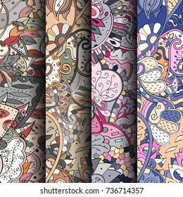 Set of tracery colorful seamless patterns. Vertical stripes. Curved doodling backgrounds for textile or printing with mehndi and ethnic motives. Vector