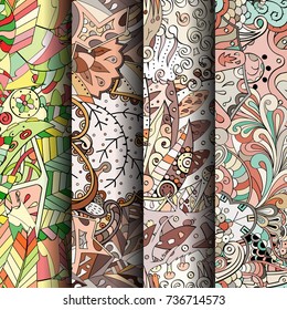 Set of tracery colorful seamless patterns. Vertical stripes. Curved doodling backgrounds for textile or printing with mehndi and ethnic motives. Vector