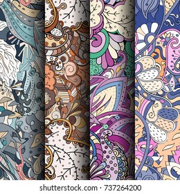 Set of tracery colorful seamless patterns. Vertical stripes. Curved doodling backgrounds for textile or printing with mehndi and ethnic motives. Vector