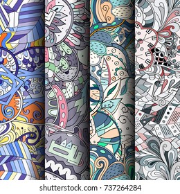 Set of tracery colorful seamless patterns. Vertical stripes. Curved doodling backgrounds for textile or printing with mehndi and ethnic motives. Vector