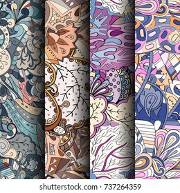 Set of tracery colorful seamless patterns. Vertical stripes. Curved doodling backgrounds for textile or printing with mehndi and ethnic motives. Vector