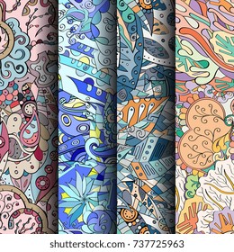 Set of tracery colorful seamless patterns. Vertical stripes. Curved doodling backgrounds for textile or printing with mehndi and ethnic motives. Vector
