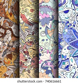 Set of tracery colorful seamless patterns. Vertical stripes. Curved doodling backgrounds for textile or printing with mehndi and ethnic motives. Vector
