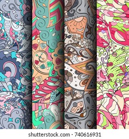 Set of tracery colorful seamless patterns. Vertical stripes. Curved doodling backgrounds for textile or printing with mehndi and ethnic motives. Vector