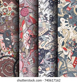 Set of tracery colorful seamless patterns. Vertical stripes. Curved doodling backgrounds for textile or printing with mehndi and ethnic motives. Vector