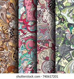 Set of tracery colorful seamless patterns. Vertical stripes. Curved doodling backgrounds for textile or printing with mehndi and ethnic motives. Vector