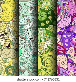 Set of tracery colorful seamless patterns. Vertical stripes. Curved doodling backgrounds for textile or printing with mehndi and ethnic motives. Vector