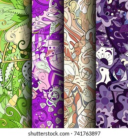 Set of tracery colorful seamless patterns. Vertical stripes. Curved doodling backgrounds for textile or printing with mehndi and ethnic motives. Vector