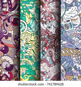 Set of tracery colorful seamless patterns. Vertical stripes. Curved doodling backgrounds for textile or printing with mehndi and ethnic motives. Vector