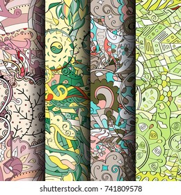 Set of tracery colorful seamless patterns. Vertical stripes. Curved doodling backgrounds for textile or printing with mehndi and ethnic motives. Vector
