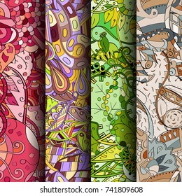 Set of tracery colorful seamless patterns. Vertical stripes. Curved doodling backgrounds for textile or printing with mehndi and ethnic motives. Vector
