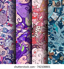 Set of tracery colorful seamless patterns. Vertical stripes. Curved doodling backgrounds for textile or printing with mehndi and ethnic motives. Vector