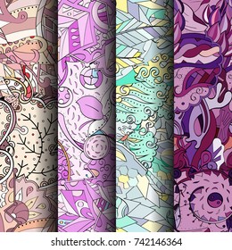 Set of tracery colorful seamless patterns. Vertical stripes. Curved doodling backgrounds for textile or printing with mehndi and ethnic motives. Vector