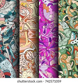 Set of tracery colorful seamless patterns. Vertical stripes. Curved doodling backgrounds for textile or printing with mehndi and ethnic motives. Vector
