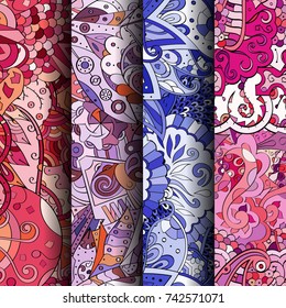Set of tracery colorful seamless patterns. Vertical stripes. Curved doodling backgrounds for textile or printing with mehndi and ethnic motives. Vector