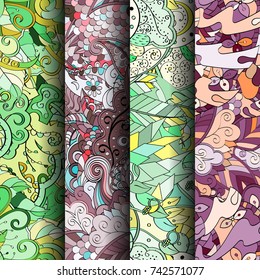 Set of tracery colorful seamless patterns. Vertical stripes. Curved doodling backgrounds for textile or printing with mehndi and ethnic motives. Vector