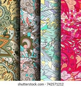 Set of tracery colorful seamless patterns. Vertical stripes. Curved doodling backgrounds for textile or printing with mehndi and ethnic motives. Vector