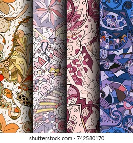 Set of tracery colorful seamless patterns. Vertical stripes. Curved doodling backgrounds for textile or printing with mehndi and ethnic motives. Vector