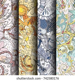 Set of tracery colorful seamless patterns. Vertical stripes. Curved doodling backgrounds for textile or printing with mehndi and ethnic motives. Vector