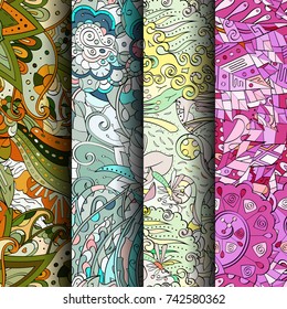 Set of tracery colorful seamless patterns. Vertical stripes. Curved doodling backgrounds for textile or printing with mehndi and ethnic motives. Vector