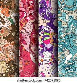 Set of tracery colorful seamless patterns. Vertical stripes. Curved doodling backgrounds for textile or printing with mehndi and ethnic motives. Vector