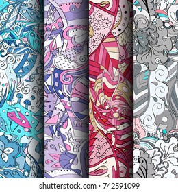 Set of tracery colorful seamless patterns. Vertical stripes. Curved doodling backgrounds for textile or printing with mehndi and ethnic motives. Vector