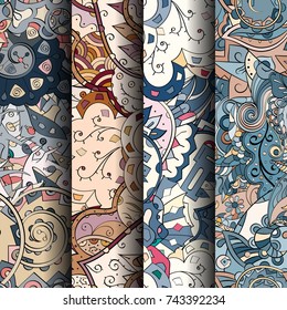 Set of tracery colorful seamless patterns. Vertical stripes. Curved doodling backgrounds for textile or printing with mehndi and ethnic motives. Vector