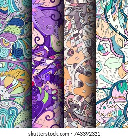 Set of tracery colorful seamless patterns. Vertical stripes. Curved doodling backgrounds for textile or printing with mehndi and ethnic motives. Vector