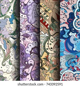 Set of tracery colorful seamless patterns. Vertical stripes. Curved doodling backgrounds for textile or printing with mehndi and ethnic motives. Vector