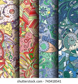 Set of tracery colorful seamless patterns. Vertical stripes. Curved doodling backgrounds for textile or printing with mehndi and ethnic motives. Vector